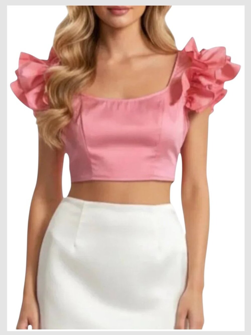 Zara Smocked Crop Top Pink Ruffle Sleeves S